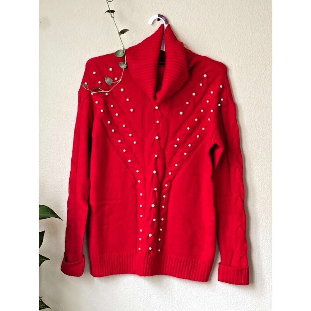 Charter Club M Sweater Red Turtleneck Cable Knit Embellished